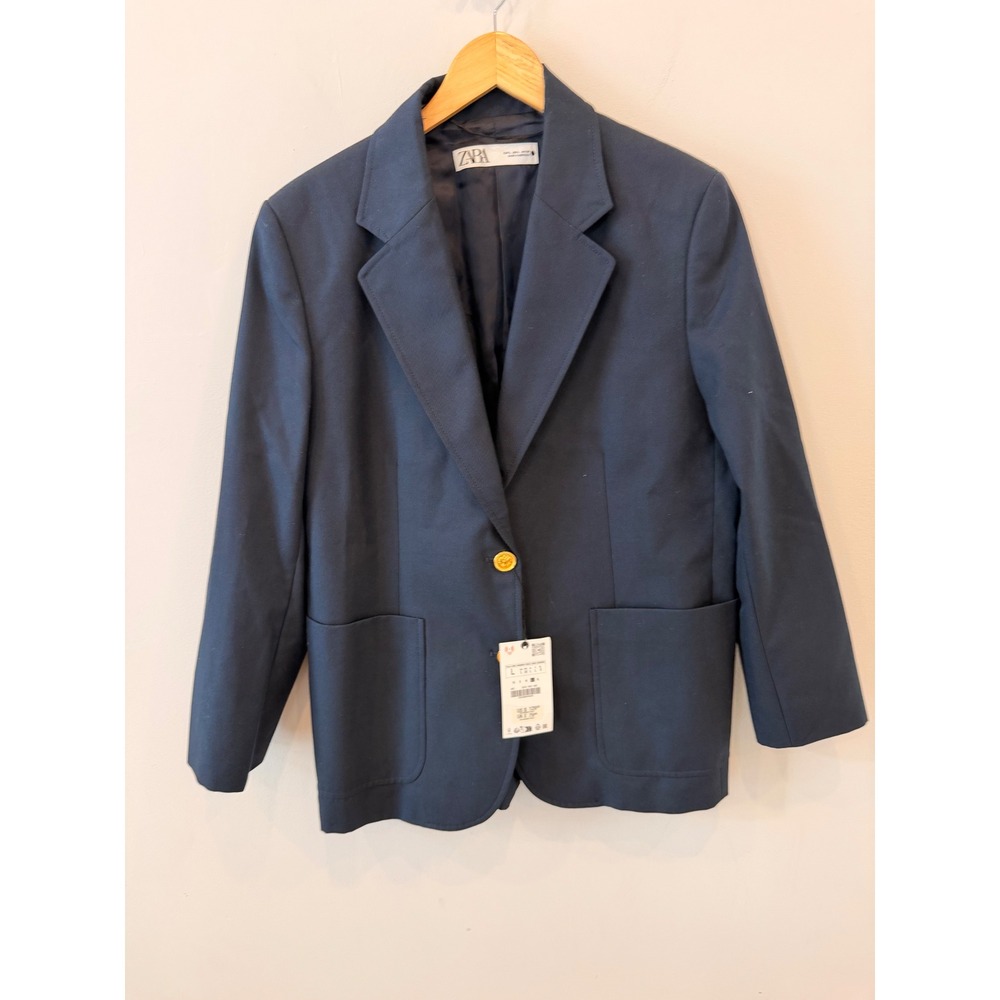 Zara Navy Blue Double Breasted Blazer Gold Button Women's Size L